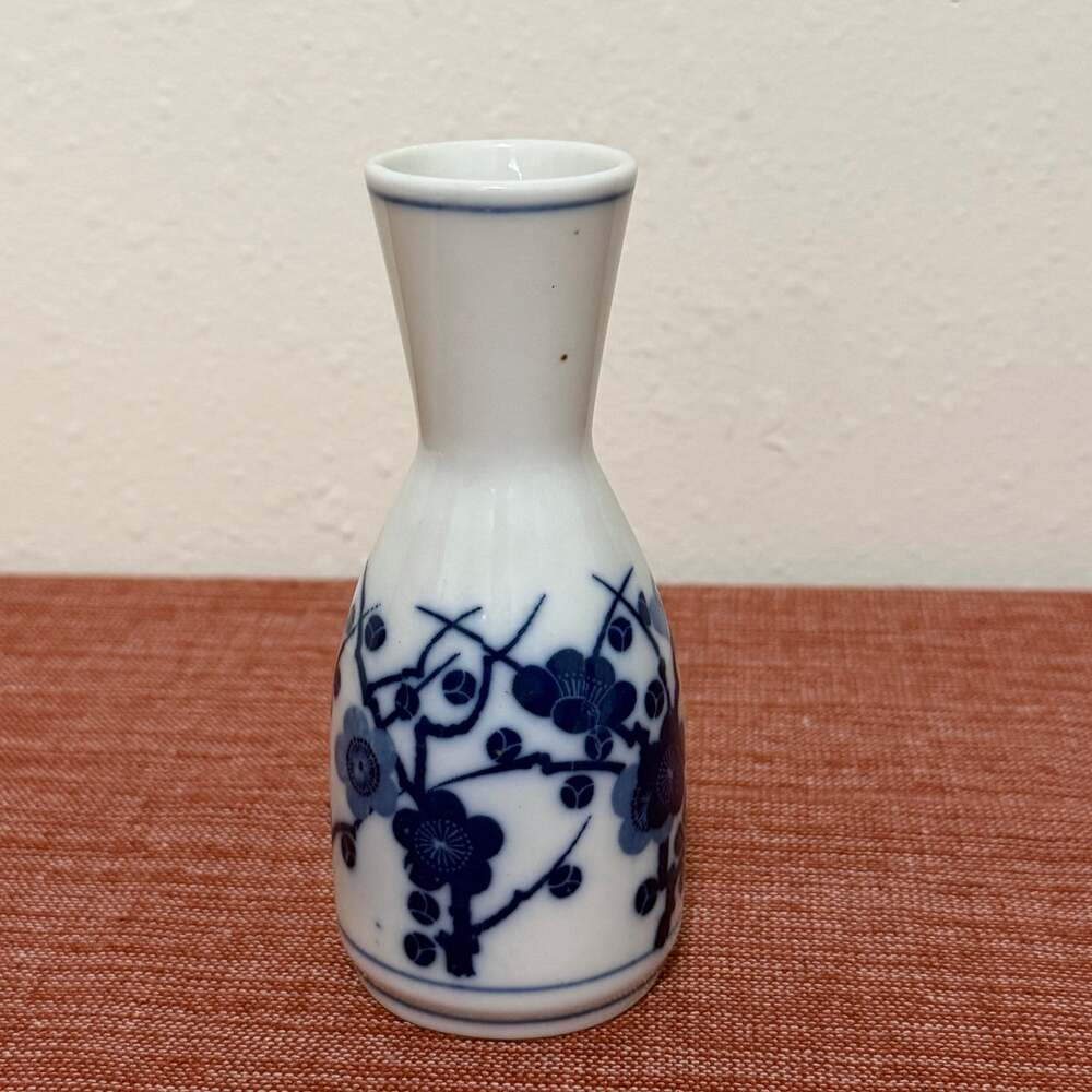 Vintage Japanese Sake Bottle Tokkuri Blue White Cherry Blossom Floral 5"